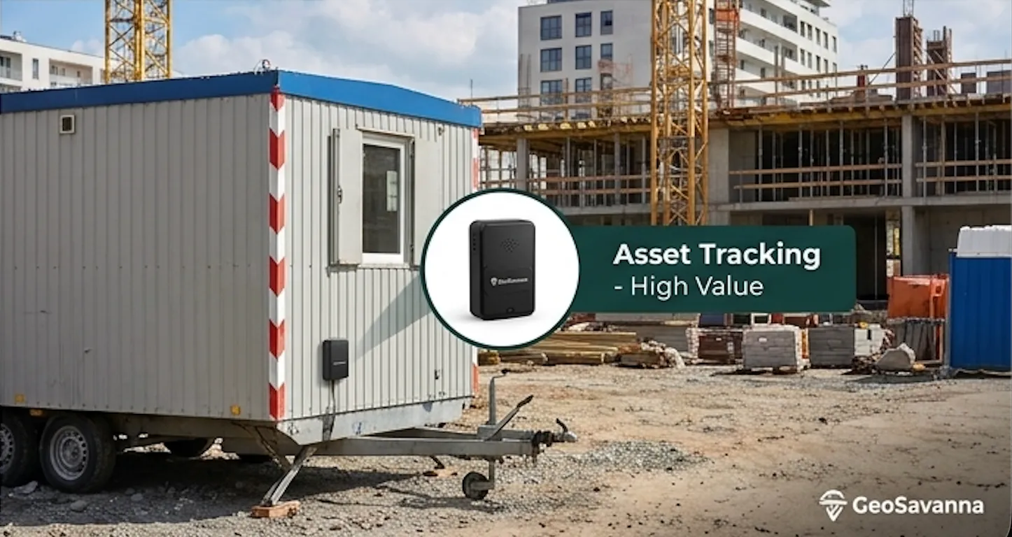 Battery GPS tracker on a site cabin at a construction site.