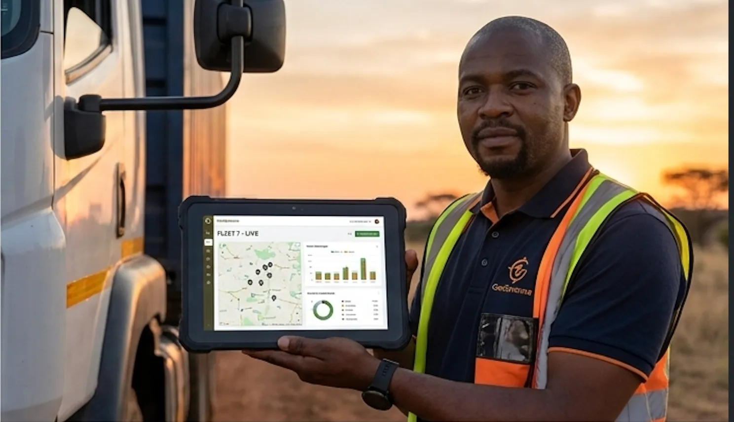 Fleet manager holding a tablet showing the GeoSavanna live map beside a truck.