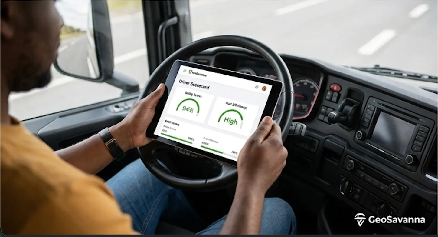 Driver in a truck cab reviewing a driver scorecard on a tablet.