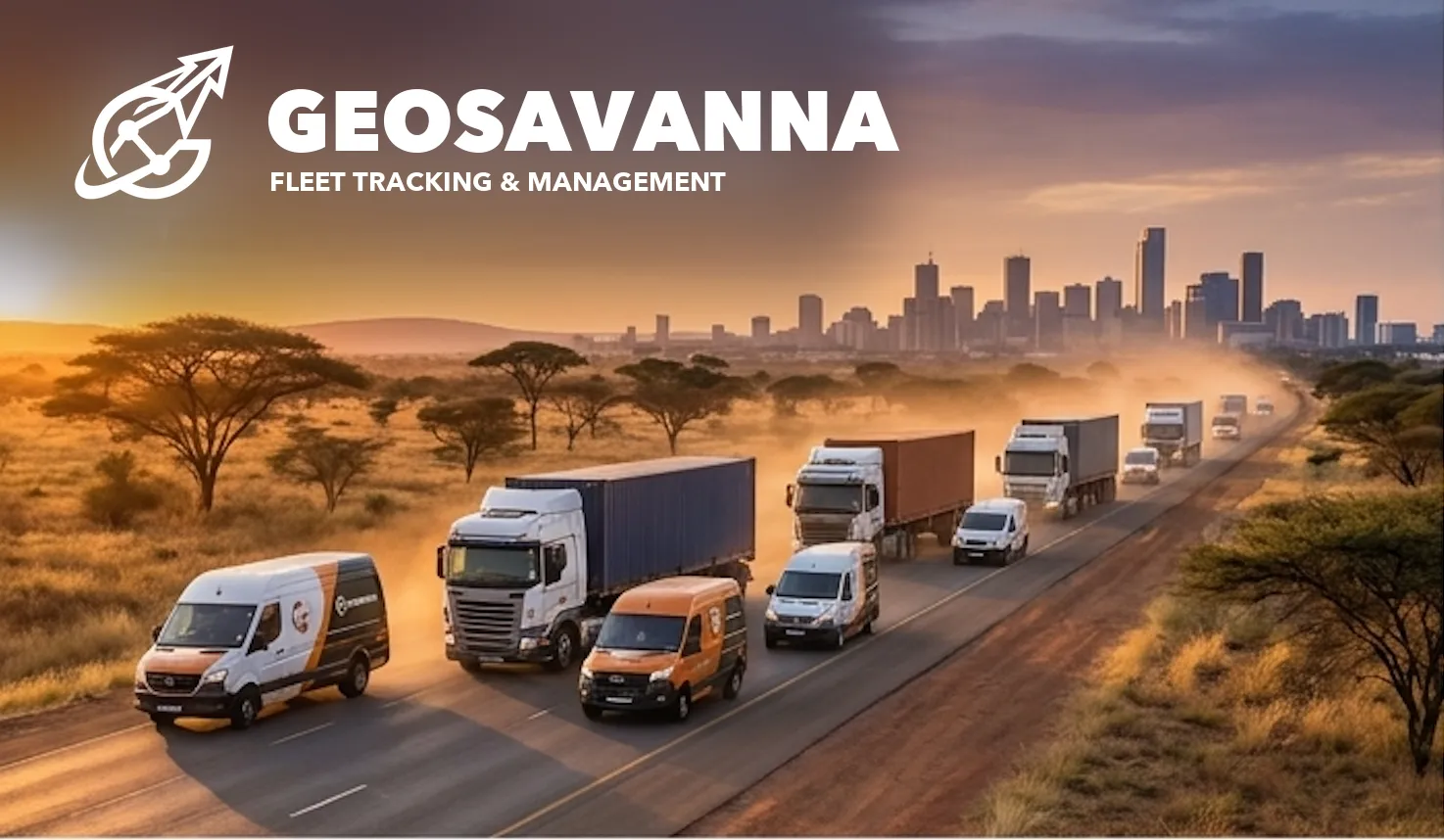 A fleet of trucks and vans on a Southern African highway at sunrise.