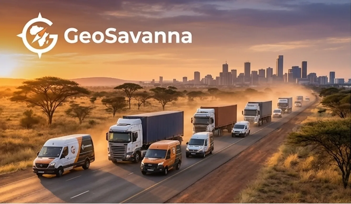 A fleet of trucks and vans on a Southern African highway at sunrise.