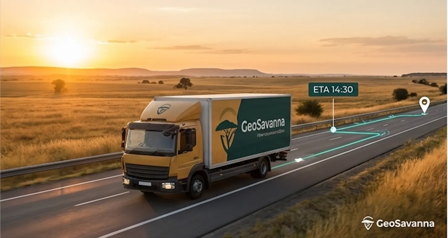 Delivery truck on a highway at sunset with a route overlay.