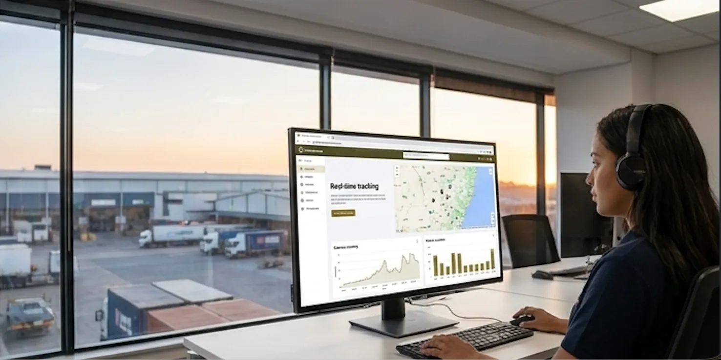 Operations controller at a workstation viewing live vehicle positions.
